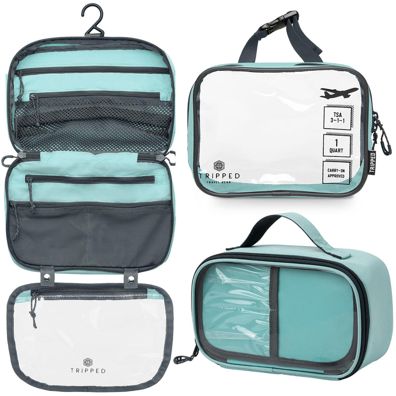 TRIPPED Travel Gear 3-Piece Travel Toiletry Bag Set | Includes Hanging Toiletry Bag, 311 TSA Liquid Bag, and Accessory Organizer Pouch with Lightweight Ripstop Construction Dusty Teal Makeup