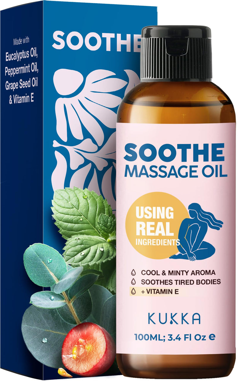 Kukka Soothe Massage Oil - Spa Quality Warming Massage Oil - Body Oils for Women & Men - Infused with Eucalyptus Oil, Peppermint Oil, Grapeseed Oil & Vitamin E Oil (3.4 fl oz) 3.4 Ounce (Pack of 1)