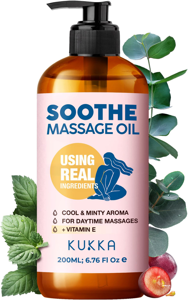 KUKKA Soothe Massage Oil for Muscle Relaxing - 6.76 fl oz - Instantly Comforts for Full Body Relaxation - Warming Sensation with Peppermint Eucalyptus - Infused with Vitamin E and Natural Extracts 6.76 Ounce (Pack of 1)