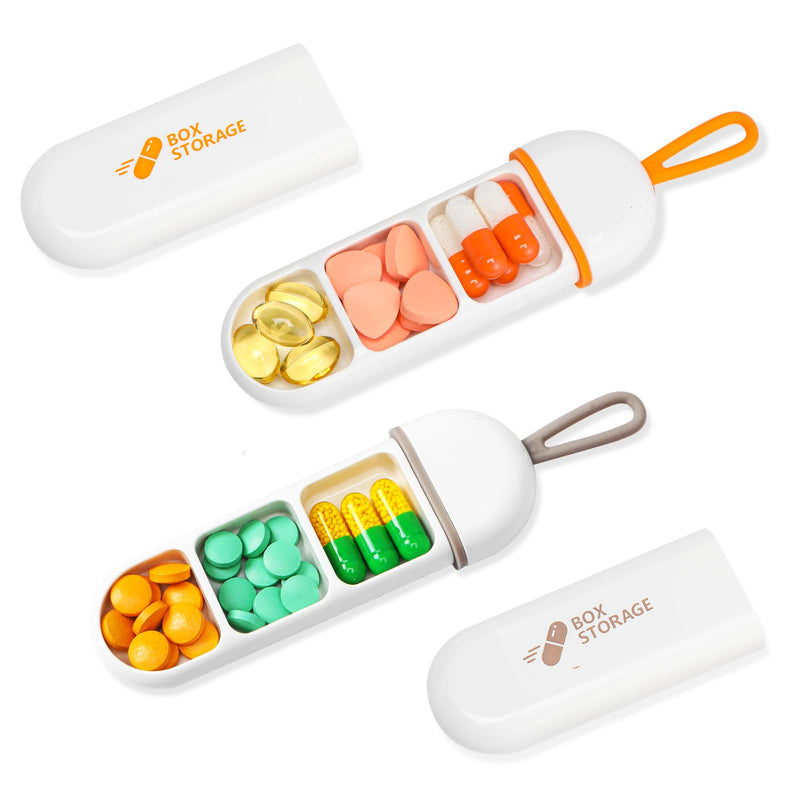 Toplive 2 Pack Travel Pill Organizer, Portable Pill Container Mini Daily Pill Organizer, Small Pill Case Travel Medicine Organizer Pocket Vitamin Supplement Fish Oil Box, White Orange & White Grey White Orange + White Gray