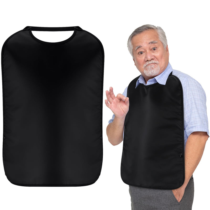 [Australia] - Double Layer Stretchable Adult Bibs with Crumb Catcher Waterproof Washable Dining Clothing Protector Adult Bibs Black Pure Style 