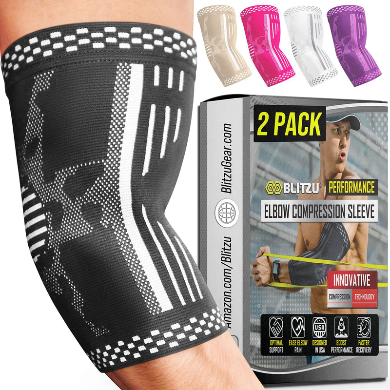 [Australia] - BLITZU 2 Pack Elbow Brace Support, Elbow Compression Sleeve Orthopedic Pain Relief for Golfer's, Tennis Elbow, Arthritis, Bursitis, Tendonitis Treatment, Workout, Fitness & Weightlifting. Black L Large 