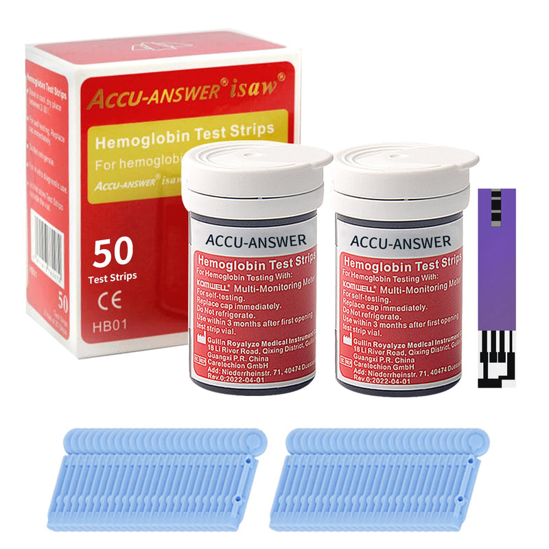 [Australia] - 50 Test Hemoglobin Test Strips for ACCU-Answer 4-in-1 Test Meter, 50 Lancets Total Included. No Code Card Need, Accurate and Fast, Easy to Use and Read 