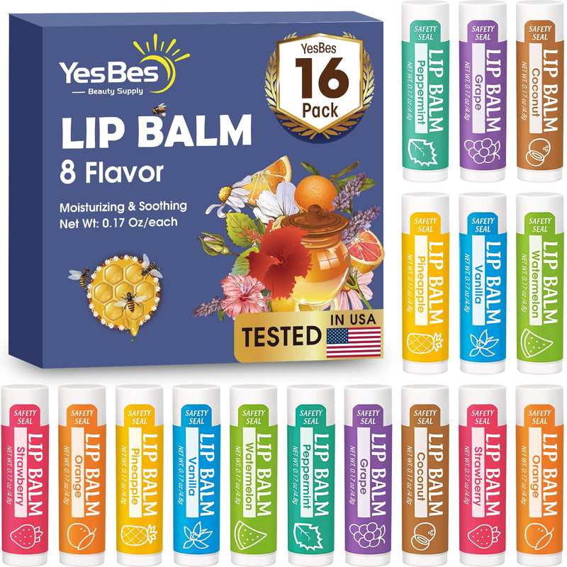 YesBes 16 Pack Lip Balm, Natural Lip Balm Bulk with Vitamin E and Coconut Oil, Moisturizing Lip Balms for Dry Cracked Lips, Lip Balms for Mothers Day Gifts Stocking Stuffers - 8 Flavors B-16P