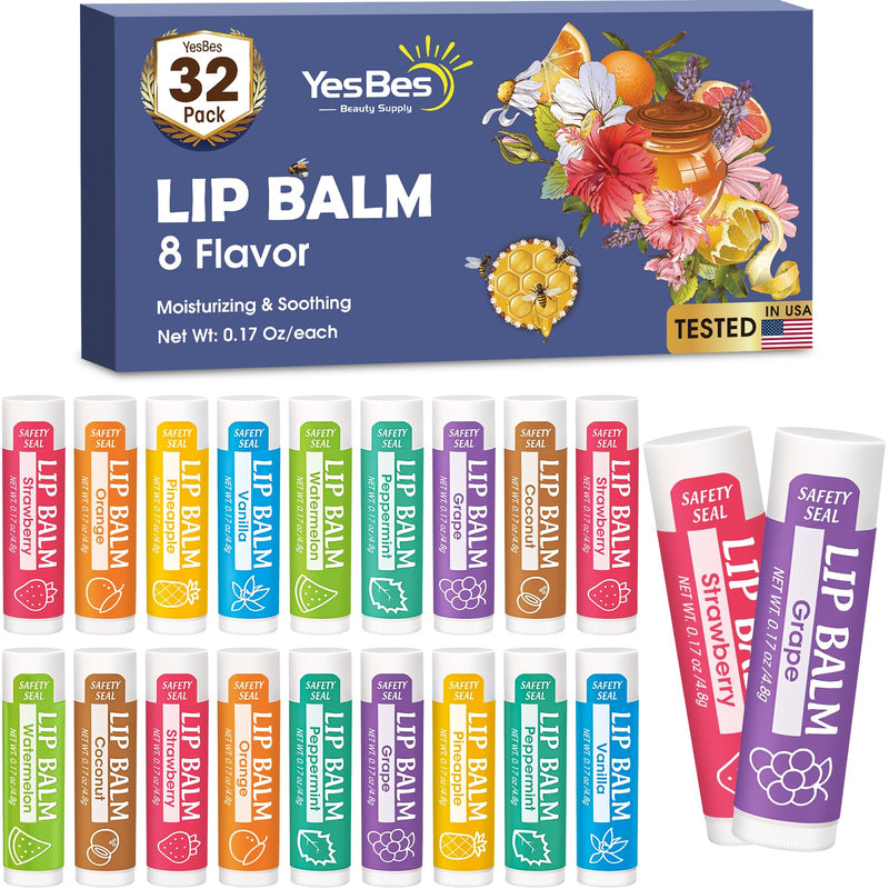 YesBes 32 Pack Lip Balm, Natural Lip Balm Bulk with Vitamin E and Coconut Oil, Moisturizing Lip Balms for Dry Cracked Lips, Lip Balms for Mothers Day Gifts Stocking Stuffers - 8 Flavors C-32P