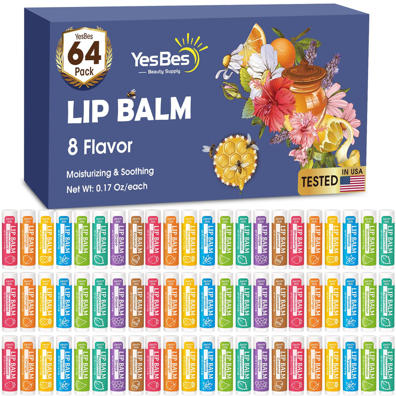 YesBes 64 Pack Lip Balm, Natural Lip Balm Bulk with Vitamin E and Coconut Oil, Moisturizing Lip Balms for Dry Cracked Lips, Lip Balms for Mothers Day Gifts Stocking Stuffers - 8 Flavors D-64P