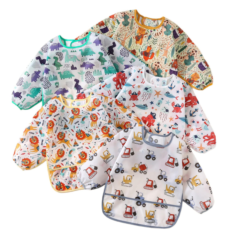 [Australia] - Sleeved Bib,5 Pack,Waterproof Shirt Bibs for Baby 3-24 Months Wipe Clean Dino/Lion/Trucks/Pirate/Forest 