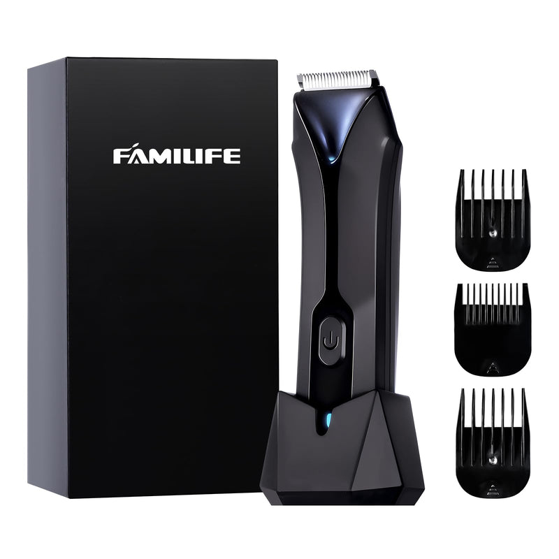 [Australia] - FAMILIFE Body Trimmer for Men, Ball Trimmer Men, Electric Groin & Pubic Hair Trimmers, Replaceable Ceramic Blade Heads, Waterproof Wet/Dry Use, Standing Recharge Dock, 90 Minutes Usage 