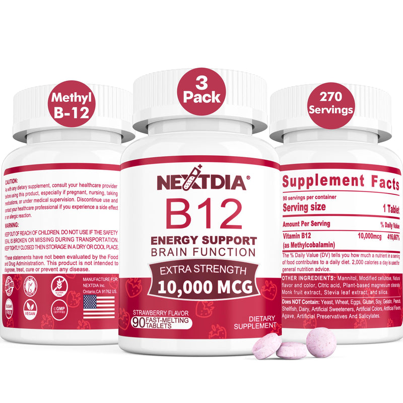 Vitamin B12 10,000 mcg Sublingual, Methylcobalamin, Sugar Free,270 Servings | Methylated Vitamin B12 Sublingual for Energy Boost, Metabolism, Blood Cell Function, Methylation, Vegan, No-GMO Fast Dissolve 90 Count (Pack of 3)