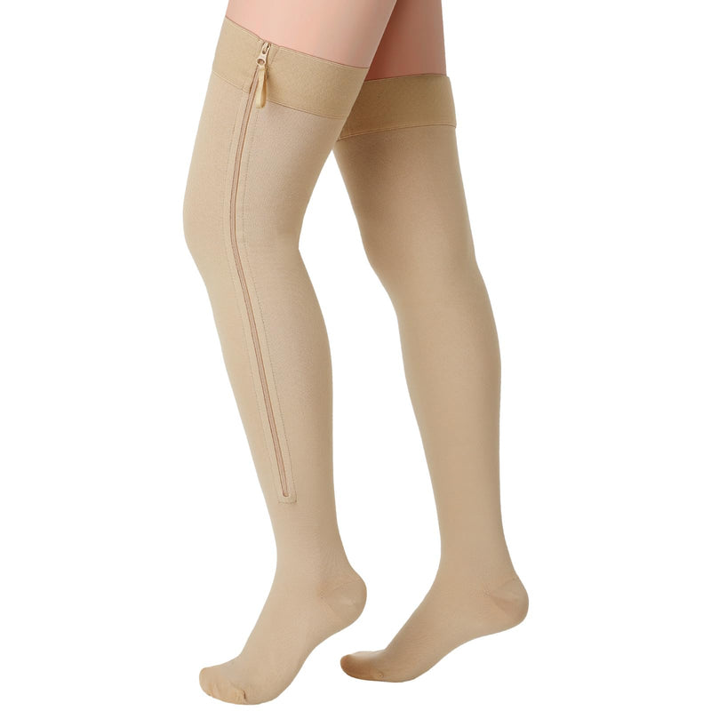 [Australia] - Sosation Thigh High Zipper Compression Socks 20-30 mmHg Zipper Compression Stockings Thigh High for Women Men Swelling Edema XX-Large Beige 