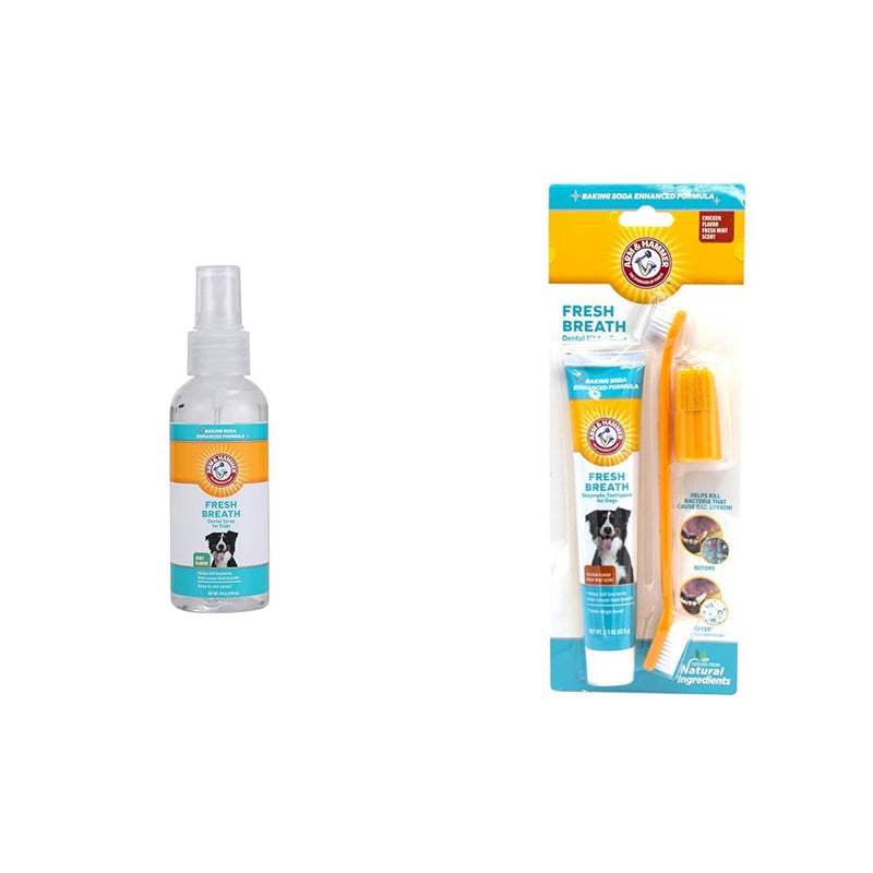 Arm & Hammer Fresh Breath Bundle for Dogs: Dental Spray in Mint Flavor, 4 Fl Oz and 3-Piece Dental Kit (Toothpaste, Toothbrush, Fingerbrush) in Chicken Flavor - PawsPlanet Australia