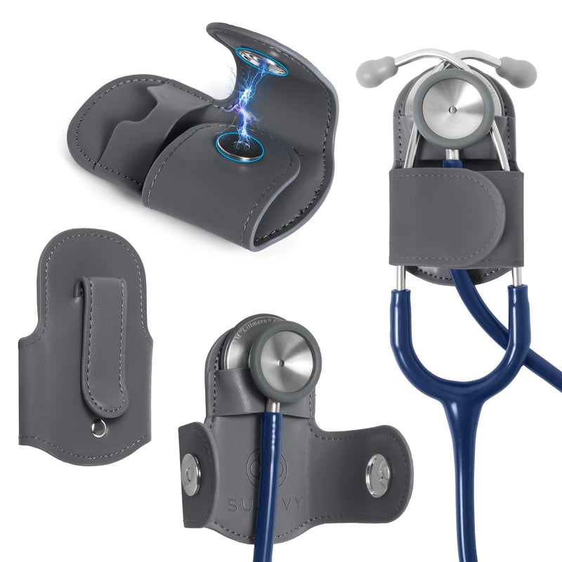 [Australia] - Stethoscope Holder Clip - Magnetic Closure & Inner Pocket - Genuine Leather Stethoscope Waist Holder - Comfortable Stethoscope Clip Storage – Stethoscope Accessories Gift for Nurses, Doctors, & More Gray 
