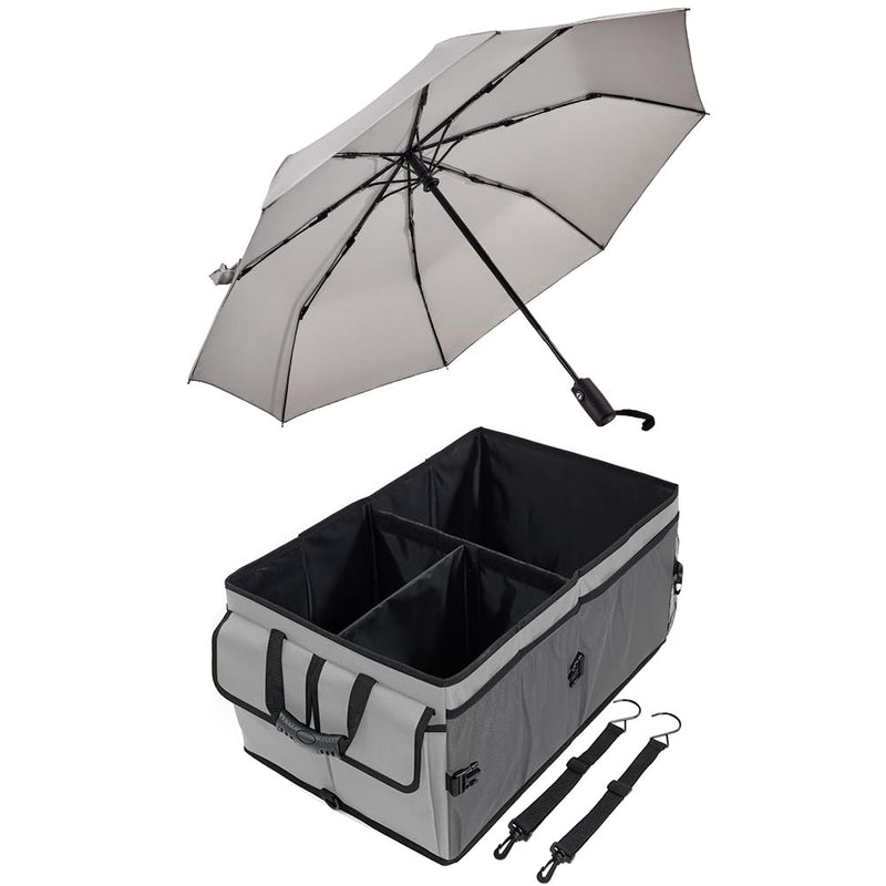 GORILLA GRIP Umbrella and Trunk Organizer, Umbrella has One-Click Automatic Open and Close, Trunk Organizer is Collapsible, Multi Compartment Container, Both in Gray, 2 Item Bundle