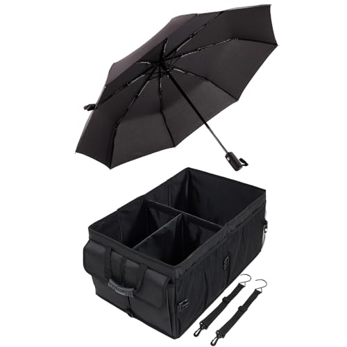 GORILLA GRIP Umbrella and Trunk Organizer, Umbrella has One-Click Automatic Open and Close, Trunk Organizer is Collapsible, Multi Compartment Container, Both in Black, 2 Item Bundle