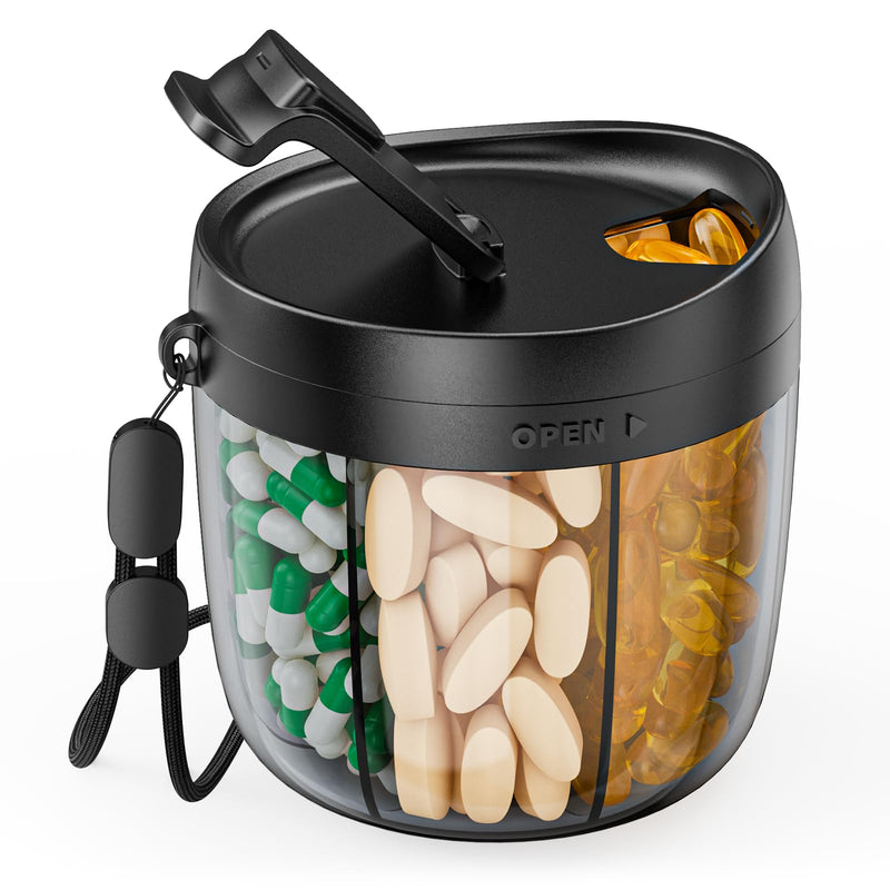 [Australia] - PULIV Portable Pill Dispenser Bottle, Vitamin Organizer with 7 Compartments, Holds Plenty of Supplements with Anti-Mixing & Wide Openings Design, Easy to Retrieve Meds, includes 20 Pcs Sticky Labels Black 