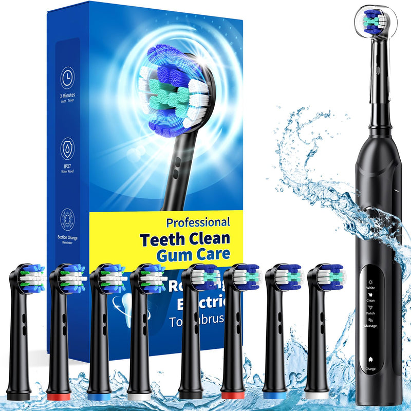 [Australia] - Rotating Electric Toothbrush for Adults with 8 Brush Heads (2 Types), 4 Modes Deep Clean Electric Toothbrush with Rechargeable Power and 2 Min Smart Timer, Fast Charge (Black) Black 