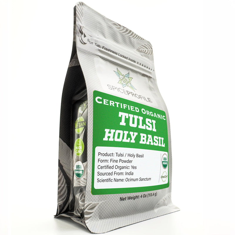 [Australia] - Spice Profile | USDA Certified Organic Holy Basil (Tulsi Leaf) Powder | Resealable 4oz Pouch | For Vitality & Wellness | Perfect for Teas & Drinks 
