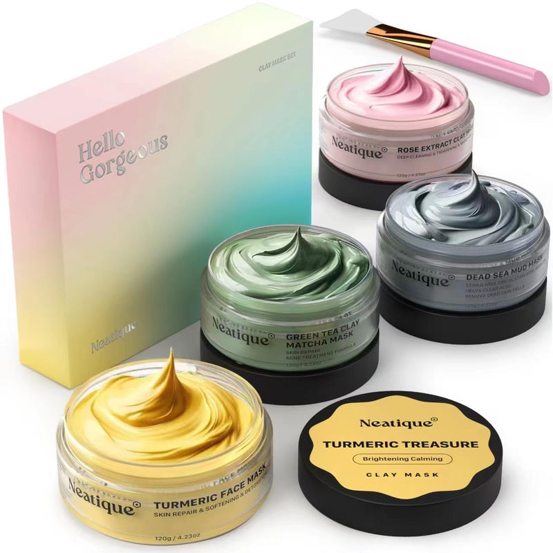 Face Masks Skincare Set, 480g (120gx4) High Capacity Facial Mask, Clay Mask Set with Turmeric w/Vitamin C, Green Tea, Rose and Dead Sea Mud, Deap Cleansing, Hydration and Pore Refinement