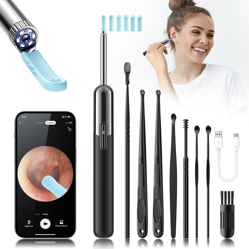 [Australia] - Ear Wax Removal - Wireless WiFi Rechargeable Ear Cleaner, Hassle Instant Removes Ear Wax, 1080P HD Camera Lens & 8 Pcs Ear Set - Ear Cleaning Kit with 6 Ear Pick(Black) Black 
