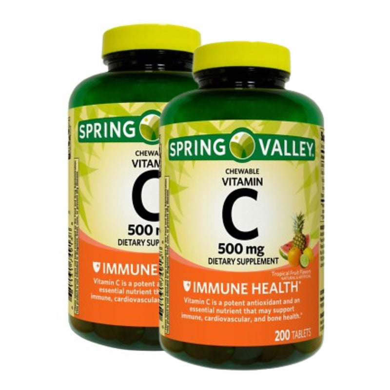 Vitamin C 500mg, Tropical Fruit Flavor 200 Count Tablets, Chewable Vitamin C, Dietary Supplement + 7 Day Pill Organizer Included (Pack of 2)