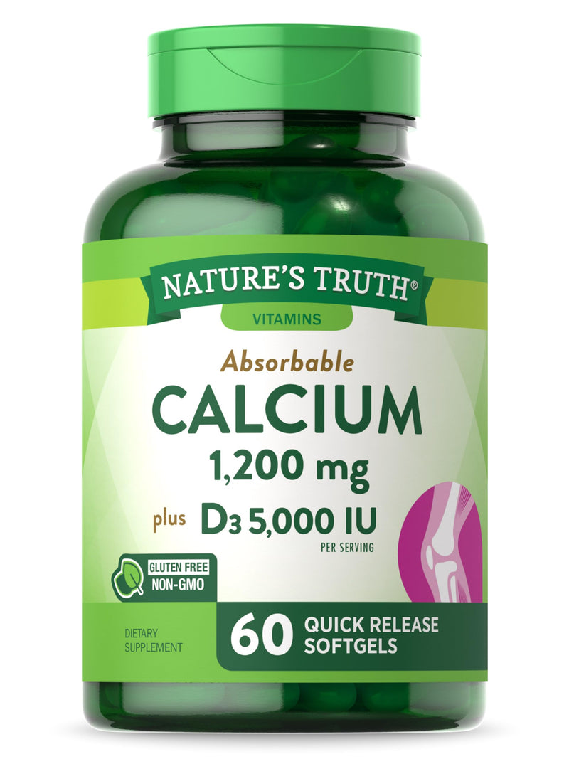 [Australia] - Nature's Truth Calcium 1200mg with Vitamin D3 5000 IU | 60 Softgels | from Calcium Carbonate | Non-GMO & Gluten Free Supplement 