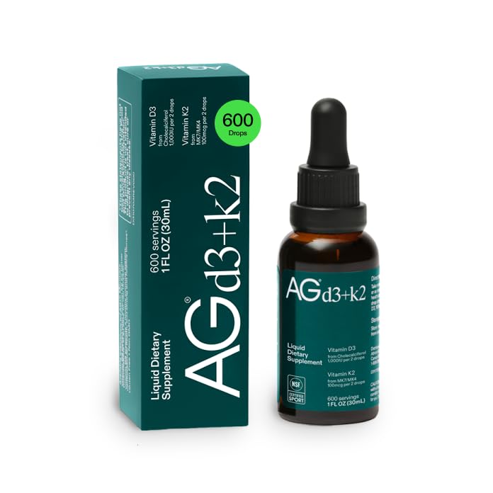 AG1 Vitamin D3 + K2 Liquid Drops | Vitamin D & K Blend | Daily Bone Support | Supports Immune, Heart, and Bone Health With Highly Bioavailable Nutrients in an Easy-to-Use, Vegan Formula 1 Fl Oz (Pack of 1)