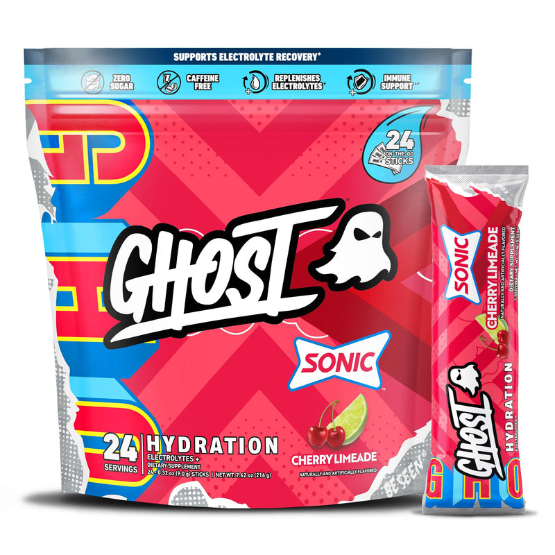 [Australia] - GHOST Hydration Packets, Sonic Cherry Limeade, 24 Sticks, Electrolyte Powder - Drink Mix Supplement with Magnesium, Potassium, Calcium, Vitamin C - Vegan Friendly, Free of Soy, Sugar & Gluten Sonic Cherry Limeade (24 Sticks) 