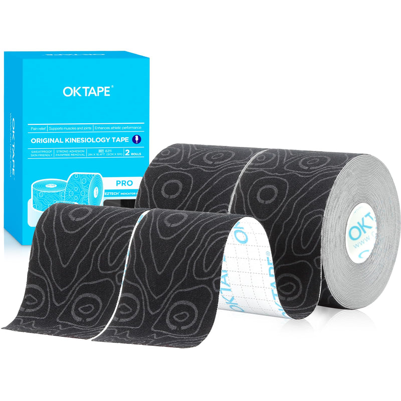 [Australia] - OK TAPE PRO Kinesiology Tape, 2inch x Long Roll 16ft Free Cut Tape, Elastic Athletic Tape Therapeutic Latex Free, 2 Rolls Black+Black 