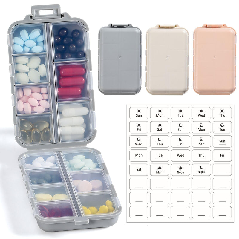 [Australia] - 3 Pack, 14 GRIDS Travel Pill Organizer Box with Labels - Travel Medicine Case Kit - Pocket Daily Pharmacy Container - Travel Medication Holder Dispenser for Fish Oil Vitamin Supplement Storage Khaki+pink+grey 