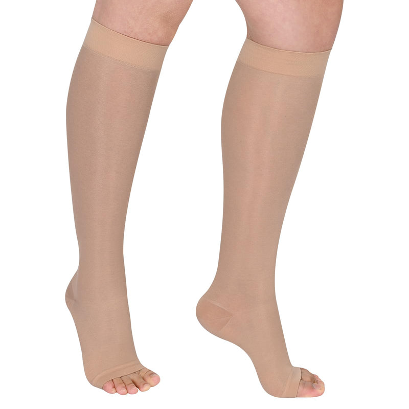 [Australia] - Sheer Compression Stockings for Women, 15-20 mmHg Knee High Circulation Support Stockings, Graduated Medical Compression Socks for Travel, Flight L Beige-Open Toe 