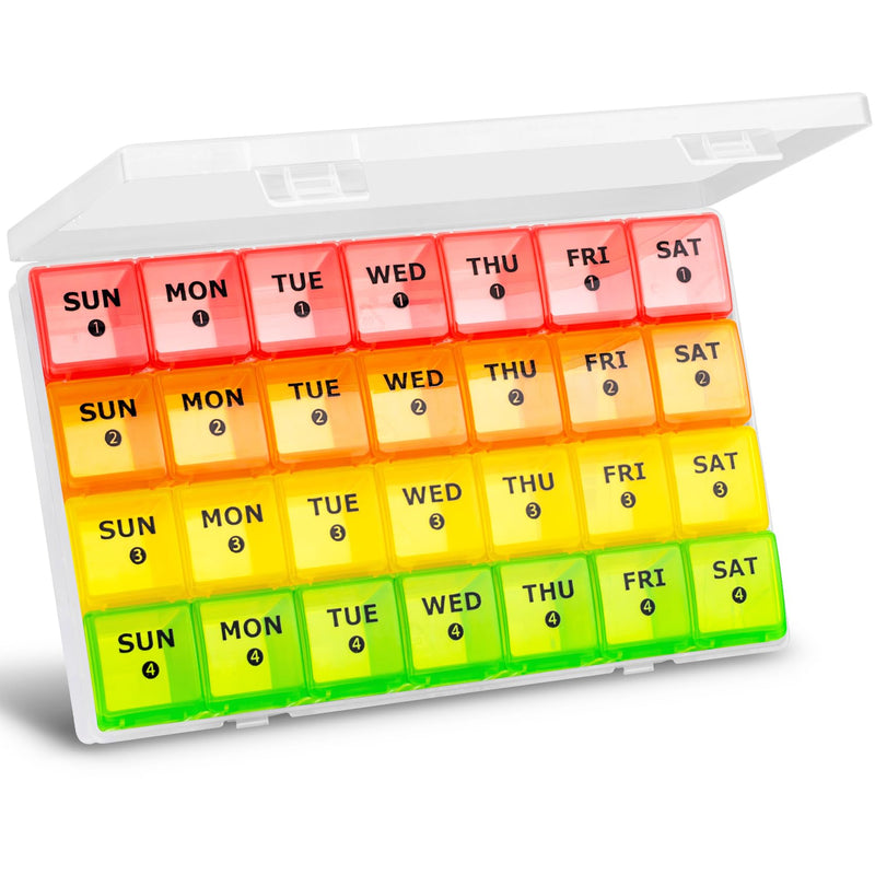 Yaklim Large Monthly Pill Organizer, XL 4 Weeks, 28 Day,ROYG | XL Compartments Hold 8 Fish Oils, 1 Time a Day, 4 Removable Weekly Trays, BPA-Free, for Travel, Vitamins, Supplements Chroma