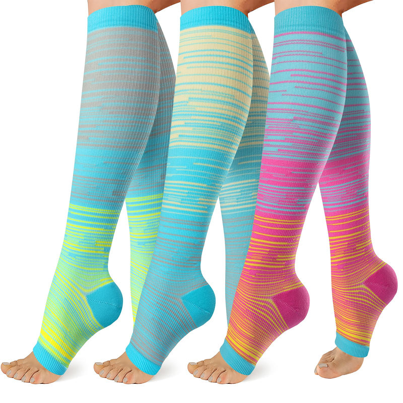 [Australia] - 3 Pack Copper Compression Socks for Women&Men 20-30mmHg Open Toe Knee High Support Socks for Varicose Vein Running Large-X-Large A06-lightstrip 