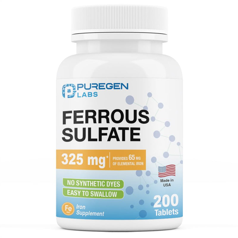 [Australia] - Puregen Labs Ferrous Sulfate 325 mg (65 mg Elemental Iron) High Potency Iron Supplement | No Artificial Color Additives - 200 Tablets Made in USA 1 