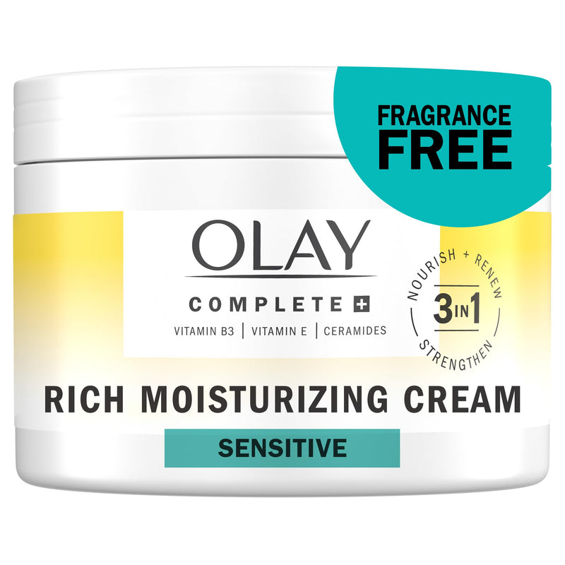 Olay Face Moisturizer, Complete+ Rich Moisturizing Cream - Fragrance-Free, Gentle for Dry & Sensitive Skin, 3-in-1 Hydrating to Strengthen, Nourish, Renew - Niacinamide, Vitamin E, & Ceramides, 8.5 oz 8.5 Fl Oz (Pack of 1)