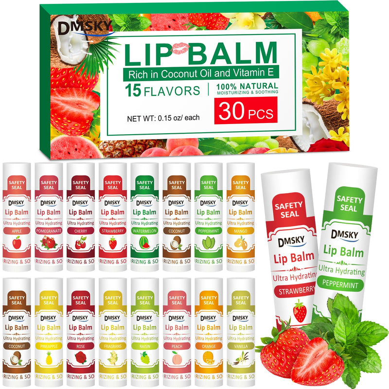 DMSKY 30 Pack Lip Balm, Natural Lip Balm Bulk with Vitamin E and Coconut Oil, Moisturizing Soothing Chapped Lips-15 Flavors | Hydrates with Vitamin E & Beeswax, Moisturizing Lip Care for Dry Chapped Lips C-30 Count