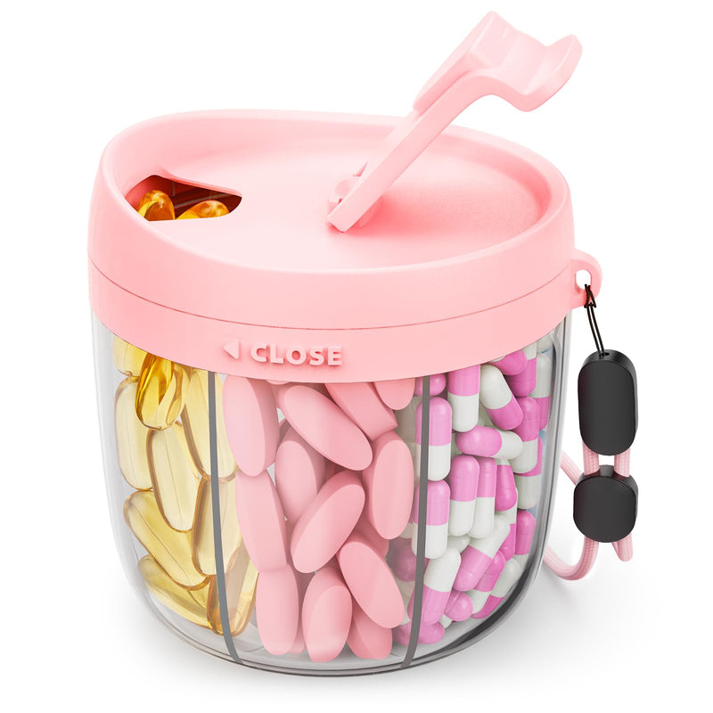 [Australia] - Cute Pill Dispenser with 7 Large Compartments, Portable Pill Bottle Organizer with Wide Opening for Easy Use, Anti-Mix Pill Organizer for Travel, BPA-Free Pill Container, Pink 