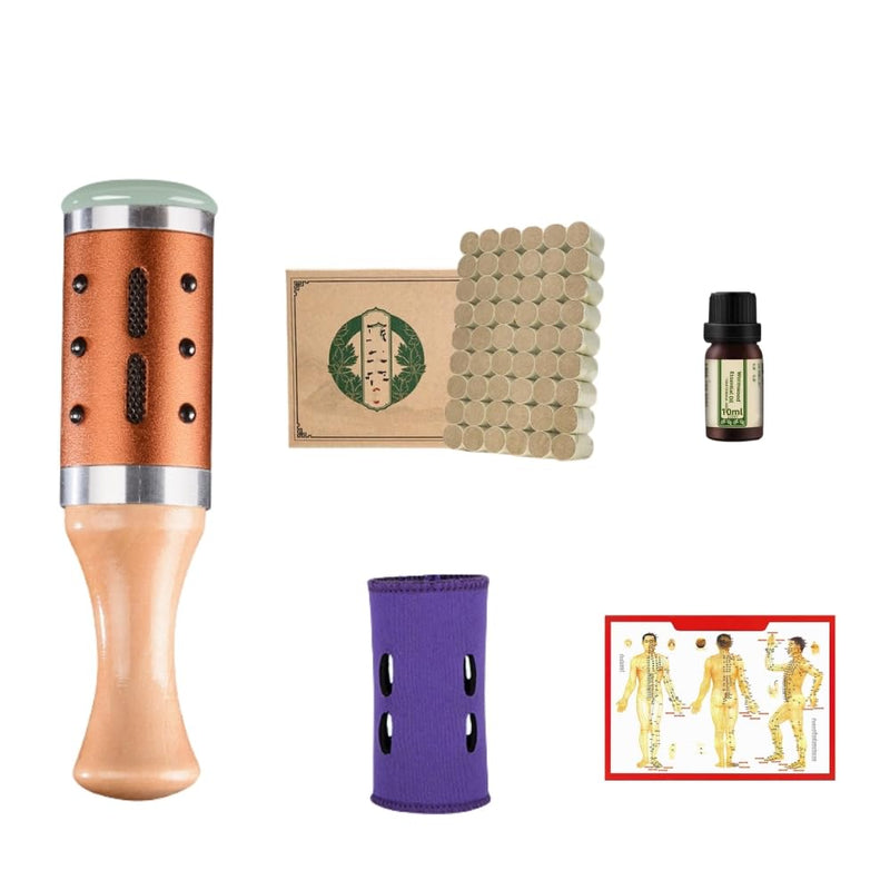 [Australia] - Moxibustion Pot Ceramic Moxa Sticks Burner Holder Portable Scraping Cup Pure Moxa 54 Rolls Heat Therapy Set Health Care Tool 玉石 