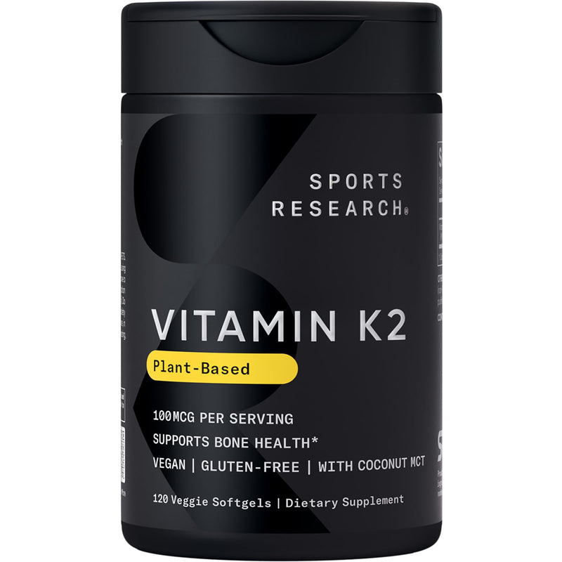 Sports Research® Vitamin K2 (MK-7) 100mcg w/Coconut MCT Oil, 120 Count | Vegan K2 from Chickpea | Supports Strong Bones | Vegan Certified, Non-GMO Verified, Gluten & Soy Free 120 Count (Pack of 1)
