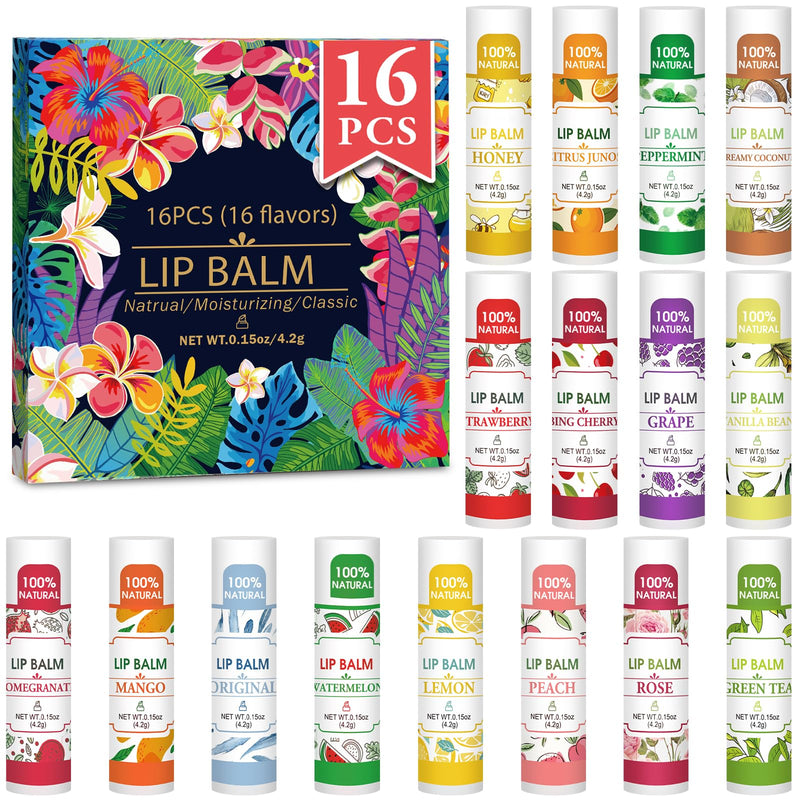 VISRIE 16 Pack Lip Balm Bulk, Natural, 16 Flavors | Infused with Vitamin E and Coconut Oil, Moisturizing Lip Balm for Dry Cracked Lips A-16P
