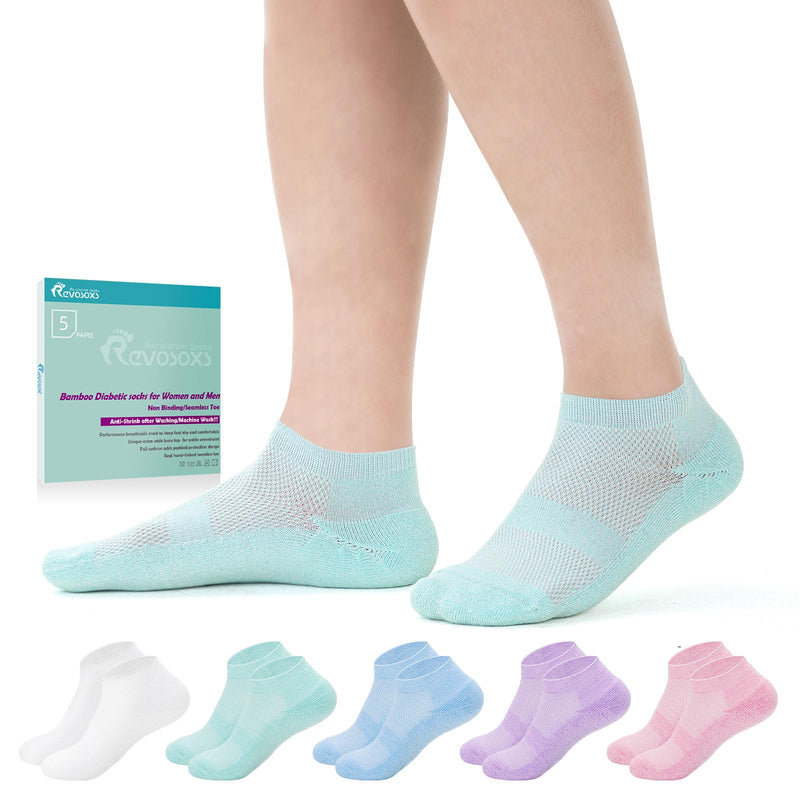 [Australia] - Diabetic Bamboo Socks for Men and Women,5 Pairs Non-Binding Low Cut Diabetic Socks,Loose Socks Size 5-13 White/Turquoise/Skyblue/Purple/Pink Medium 