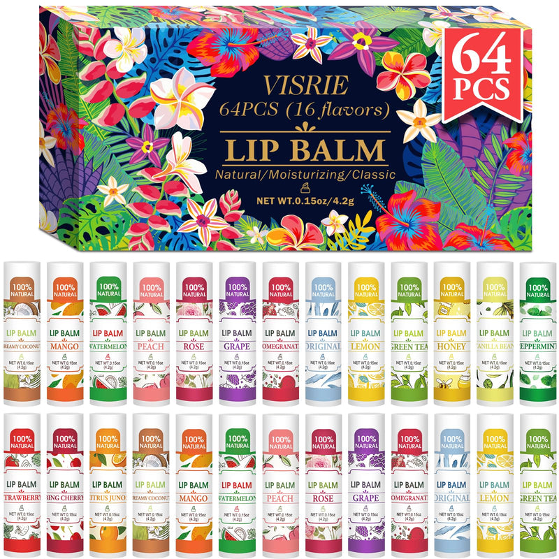 VISRIE 64 Pack Lip Balm Bulk, Natural, 16 Flavors | Infused with Vitamin E and Coconut Oil, Moisturizing Lip Balm for Dry Cracked Lips C-64P