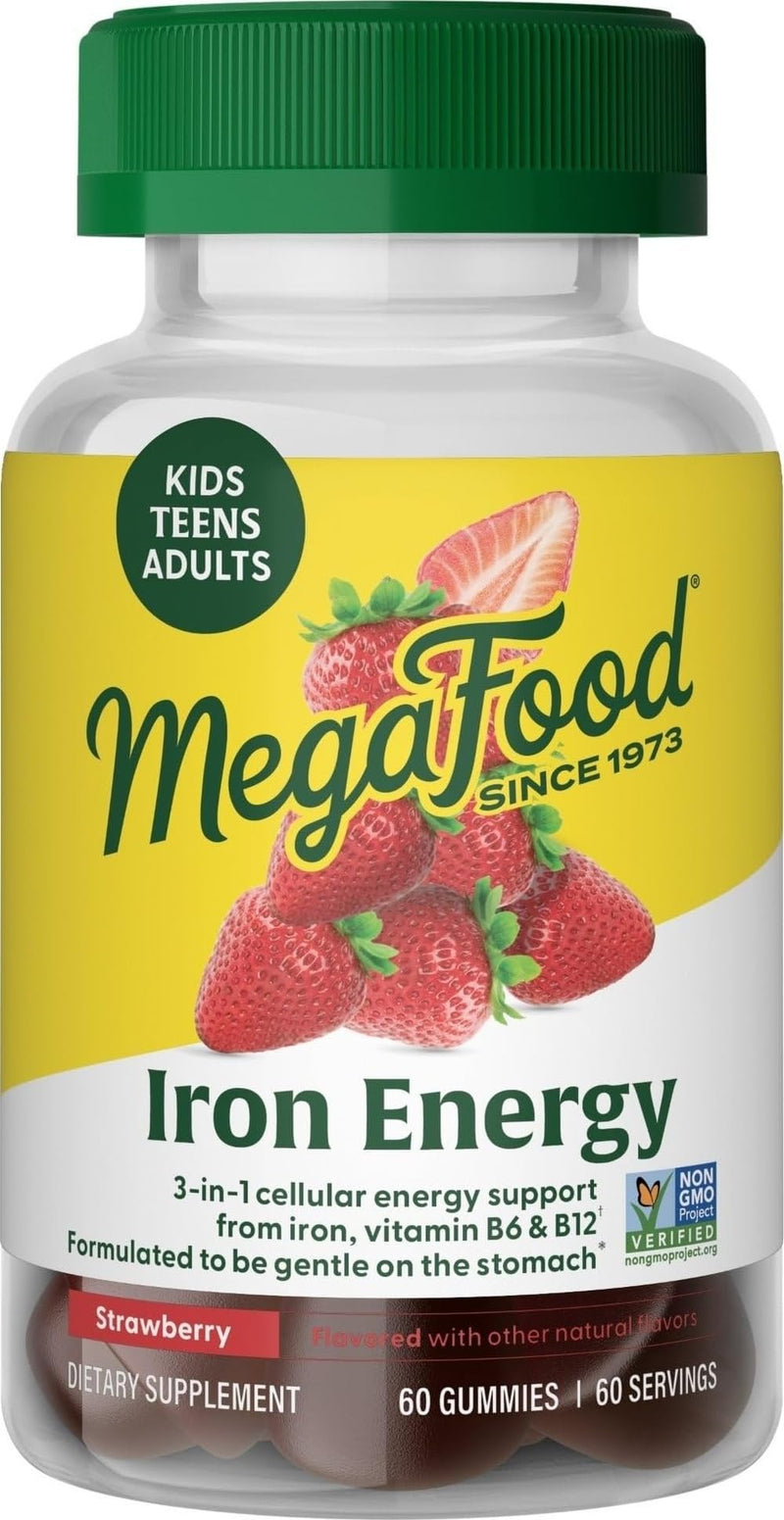 MegaFood Iron Energy Gummies, Energy Support, Vegan, Strawberry, 60 Gummies | Iron Supplement for Women, Men, Teens and Kids with Gentle Iron Bisglycinate, Vitamin B12 & Vitamin B6, Non-GMO, 60 Servings