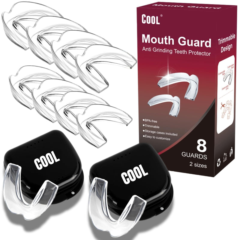 Cool Mouth Guard for Grinding Teeth at Night, 8 Pcs Bite Guard for Teeth Clenching Nighttime, 2 Sizes, BPA Free, 2 Retainer Cases Included