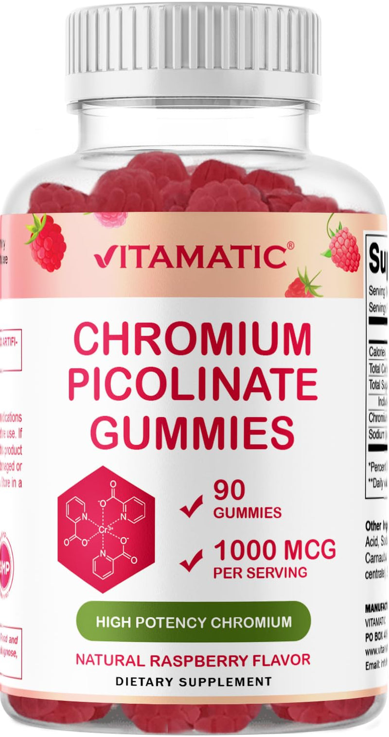 [Australia] - Vitamatic Chromium Picolinate 1000 mcg - 90 Gummies - High Potency Chromium - Raspberry Flavor 90 Count (Pack of 1) 