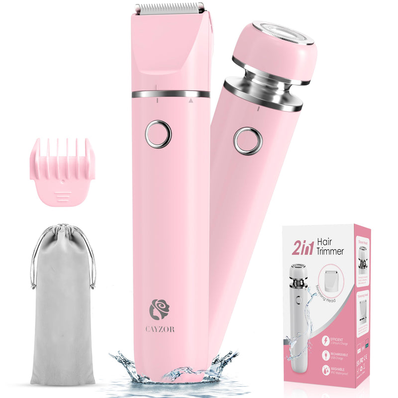 Bikini Trimmer and Shaver Kit for Women - 2-in-1 Wet/Dry Electric Body Hair Trimmer Facial Hair Removal Cordless Waterproof Bikini Shaver Razor for Face Lip Chin Pubic Underarm Legs Pink