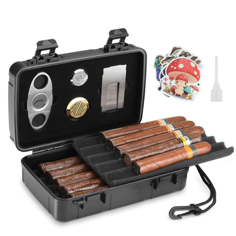[Australia] - Travel Cigar Case Holds 10 Cigars, Portable Cigar Humidor includes Cigar Cutter, Humidifier, Hygrometer - Cigar Accessories Set for Men (Black) Black 