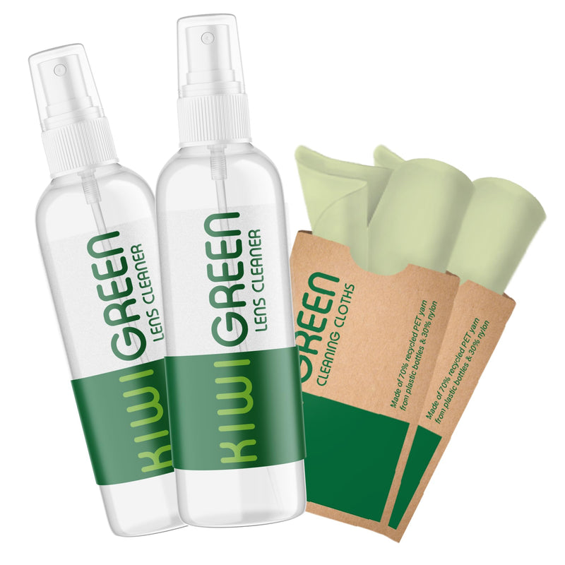 [Australia] - Kiwi Green Eyeglass Lens Cleaner Spray Kit | 2X Lens Cleaner + 2X Microfiber Cloth | Alcohol Free Eyeglasses, Screen Cleaning Kit | USA Made (4 Piece Set) 