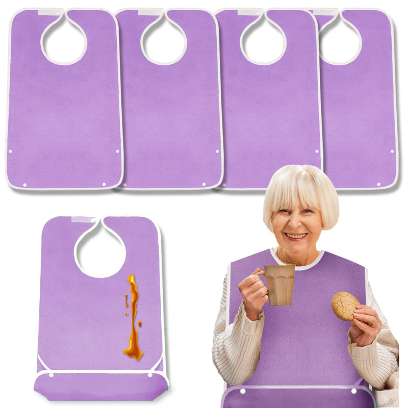 [Australia] - 4 Pack Terry Cloth Adult Bibs with Crumb Catcher, Washable Adjustable Adult Bibs for Unisex Men Women Elderly Seniors Purple X 4 