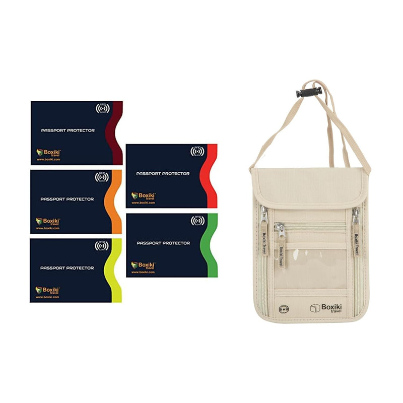 RFID Blocking Travel Set: Passport Sleeves (5-Pack, Navy Blue) and RFID Neck Wallet (Beige) - Secure Passport Holders, Money Pouch, and Travel Document Protection for Men and Women