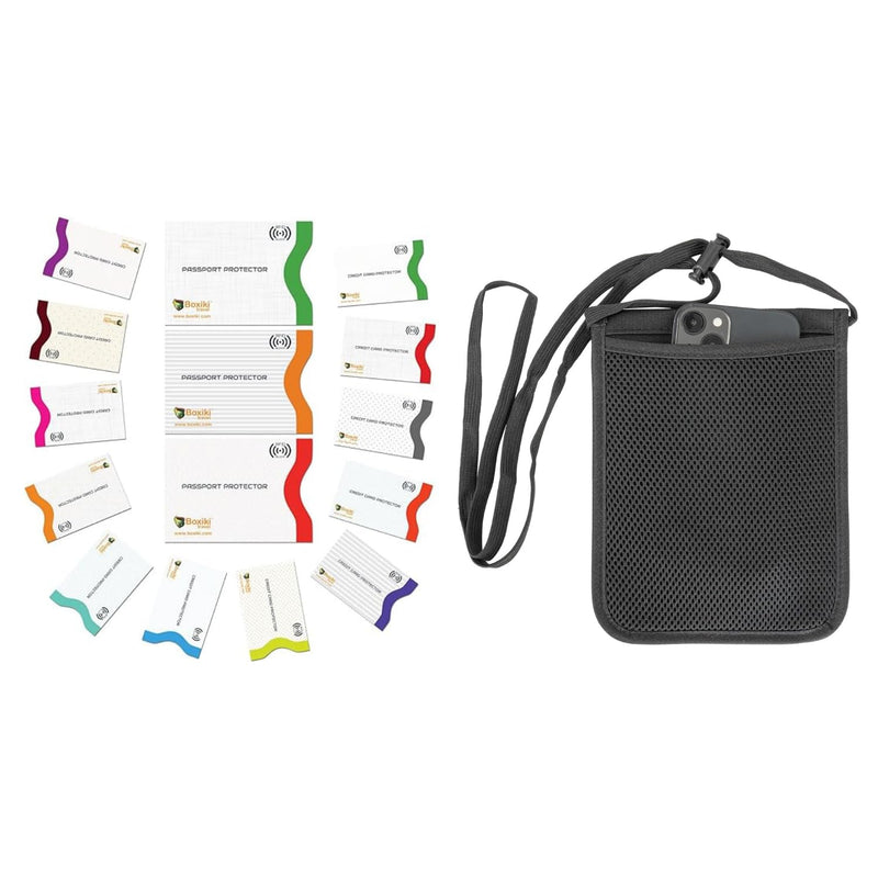 RFID Travel Set: Blocking Sleeves with Color Coding & Passport Covers, Plus Secure Neck Wallet with Adjustable Strap for Cash, Cards, and Documents – Anti-Theft Travel Essentials for Men & Women